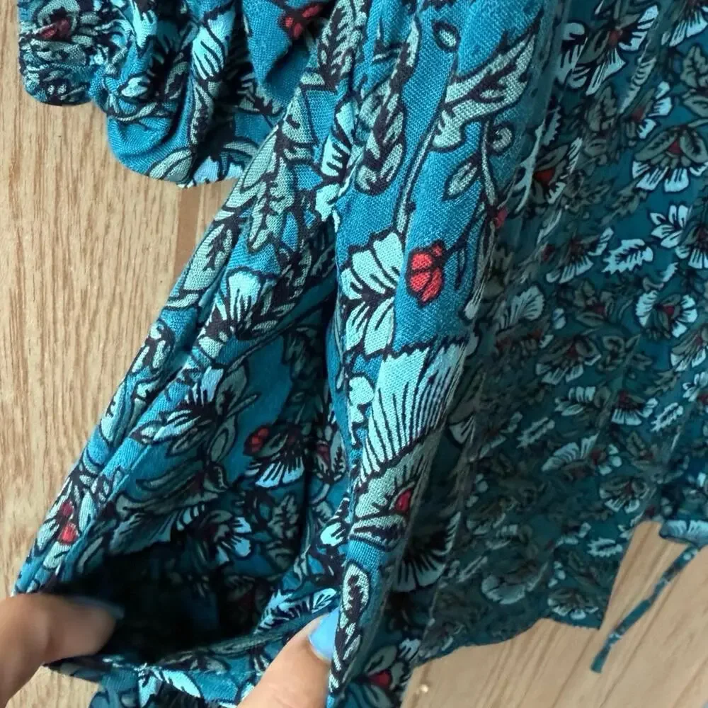 Band of the Free puff sleeve pocket short mini dress Aqua Teal floral BOG Small - Picture 7 of 16